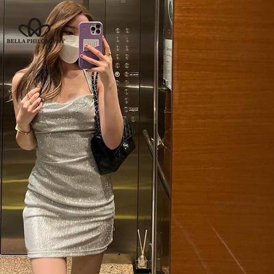 Sling Thin Flash Sexy Backless Strap Dress European American Elegant Solid Color Hot Girl Dress Hip Short Party Dress