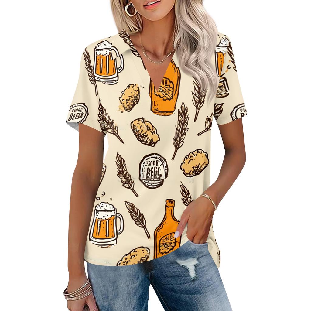 Women Casual V Neck Short Sleeve Oktoberfest Print Polo Shirt Lightweight Soft Fabric Relaxed Fit Summer Top