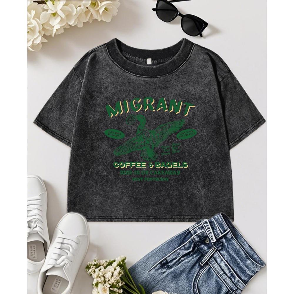 Migrant Coffee Bagels Printwashed Crop T-Shirt Women Summer O-Neck T Shirts Vintage Cotton Sportswear  T Shirt