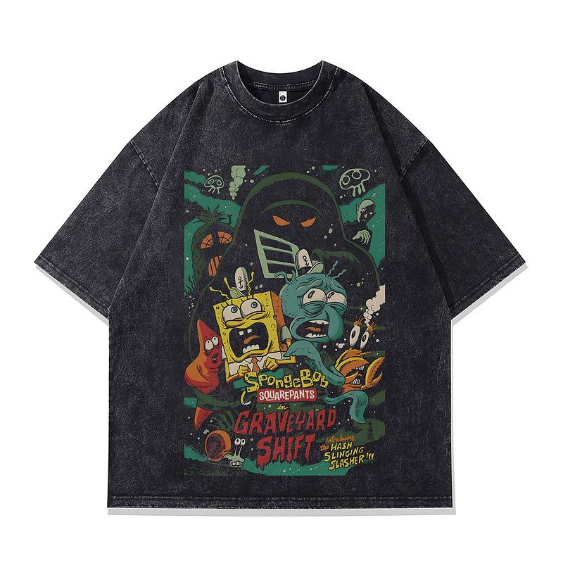 American Street Washed Retro Old Short-Sleeved T-Shirt Couple Fun Cartoon Printed Heavy Cotton Top