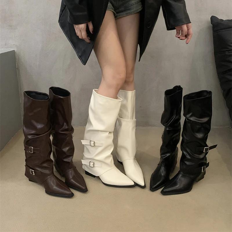 Fashion Spring and Autumn Women's Retro Style Mid-Calf Boots Fashion Belt Buckle Shoes Pointed Toe Wedges Heel Knight Long Boots Female