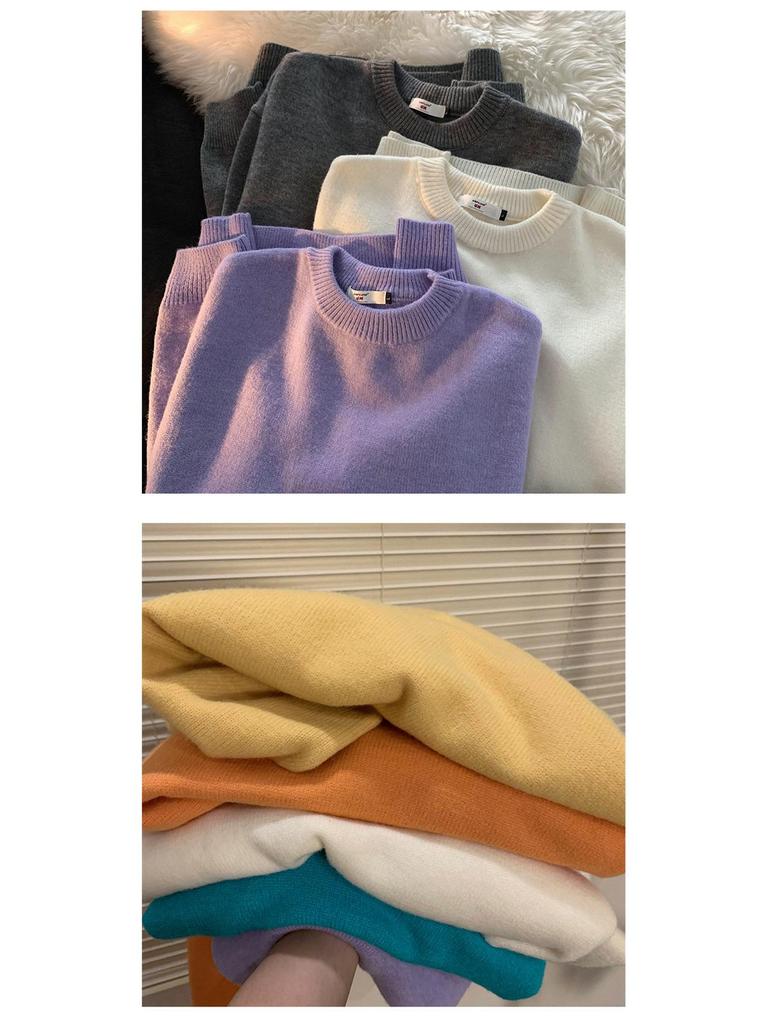 Men's Solid Color Loose Wool Sweater - Autumn/Winter Hong Kong Style, Crew Neck, Casual Versatile Knit.