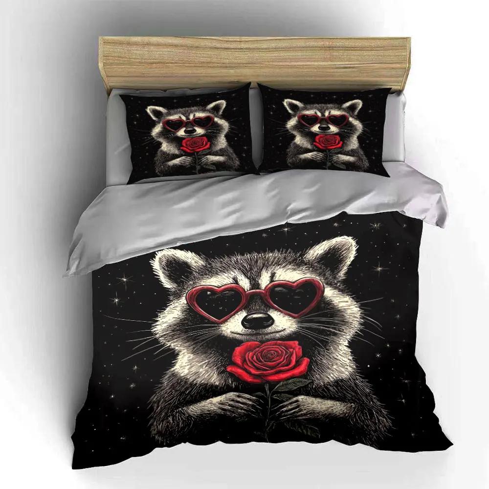 Raccoon Art Rose Gift Decor Soft Comfortable Duvet Cover Bedding Set Included 1*Duvet Cover & 2*Pillowcases gift