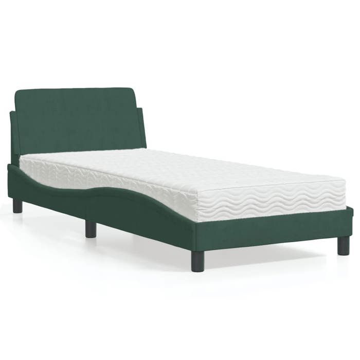 VidaXL Bed with Dark Green Mattress 90x190 Cm Velvet, Bedroom Furniture, Single Bed, Curved Bed Frame, Slatted Base, Bed In 3208314