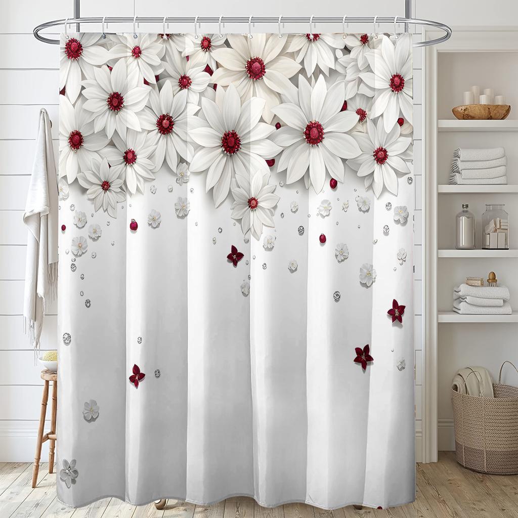 1pc Simple Fashion White Flower Pattern Printed Shower Curtain, Polyester Fabric with Hooks, Simple Style Window And Wall Bathtu