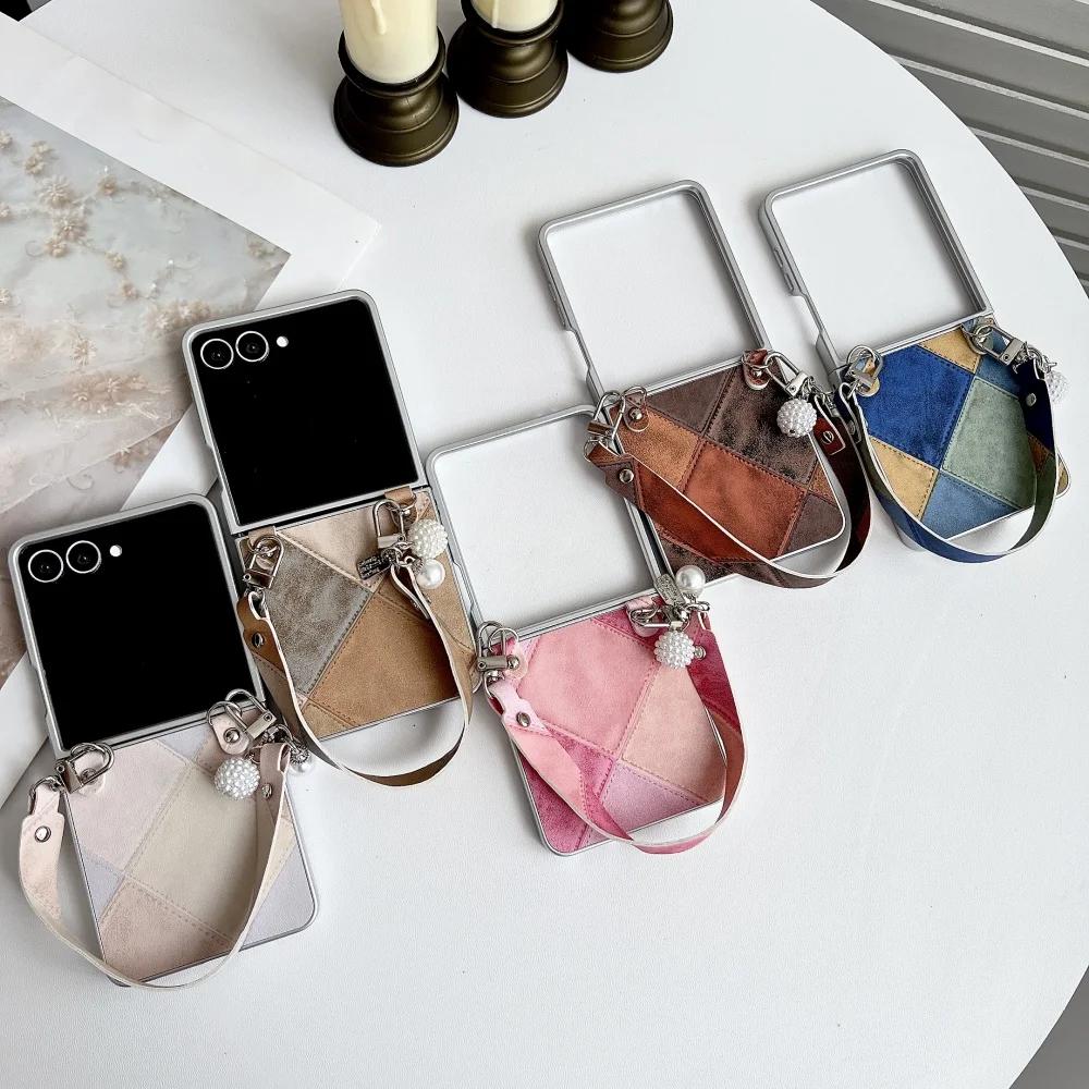 Fusion Business Sle Bla Color Collision Wristband Lanyard Leather Phone Case for Samsung Galaxy Z Flip 7 6 5 4 3 Protect Cover