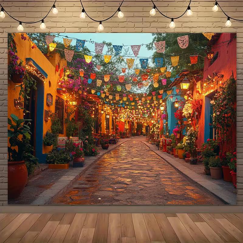 2D Mexican Fiesta Street Tapestry Colorful Houses Bunting Wall Hanging 47.2x31.5inch/120*80cm