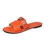 Large size metal buckle decorative flat bottom one-word slippers women's travel beach cool slippers