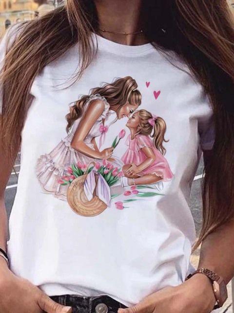 Women T Shirt Cartoon Mom Daughter Son Print Lady Tshirts Short Sleeve Tops Womens Kawaii Graphic Female Tshirt Clothe