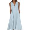 Women's Sleeveless V-Neck Button Front A-Line Dress with Side Pockets in Multiple Colors