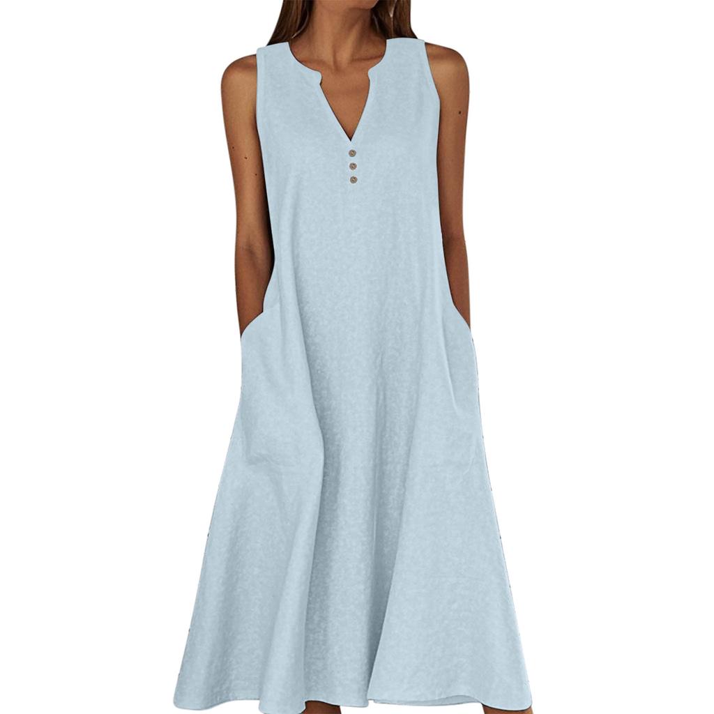 Women's Sleeveless V-Neck Button Front A-Line Dress with Side Pockets in Multiple Colors