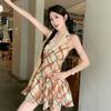 French V-neck Lace Splicing Neck Dress Women's Summer New Plaid Suspender Slim Skirt Outer Wear