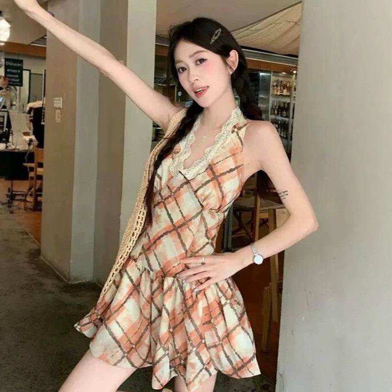French V-neck Lace Splicing Neck Dress Women's Summer New Plaid Suspender Slim Skirt Outer Wear