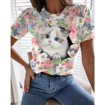 Camiseta Casual de Verano para Mujer con Estampado 3D de Gato, Camiseta de Cuello Redondo con Estampado de Gato