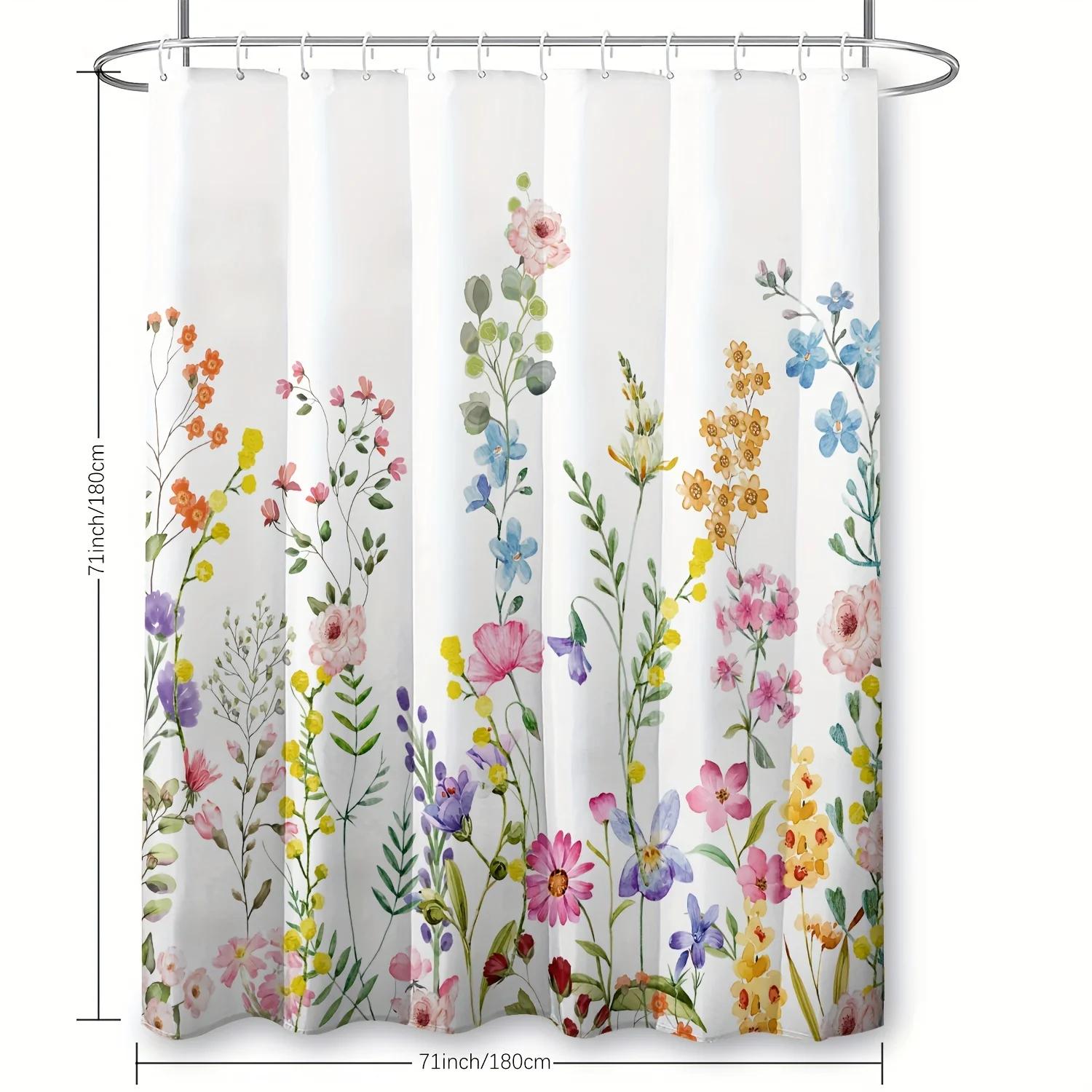

1Pc 180X180Cm Water-Resistant Floral Shower Curtain - Polyester, 12 Hooks, All-Season, Machine Washable, Flower Pattern W60H190(CM)-1 Pcs