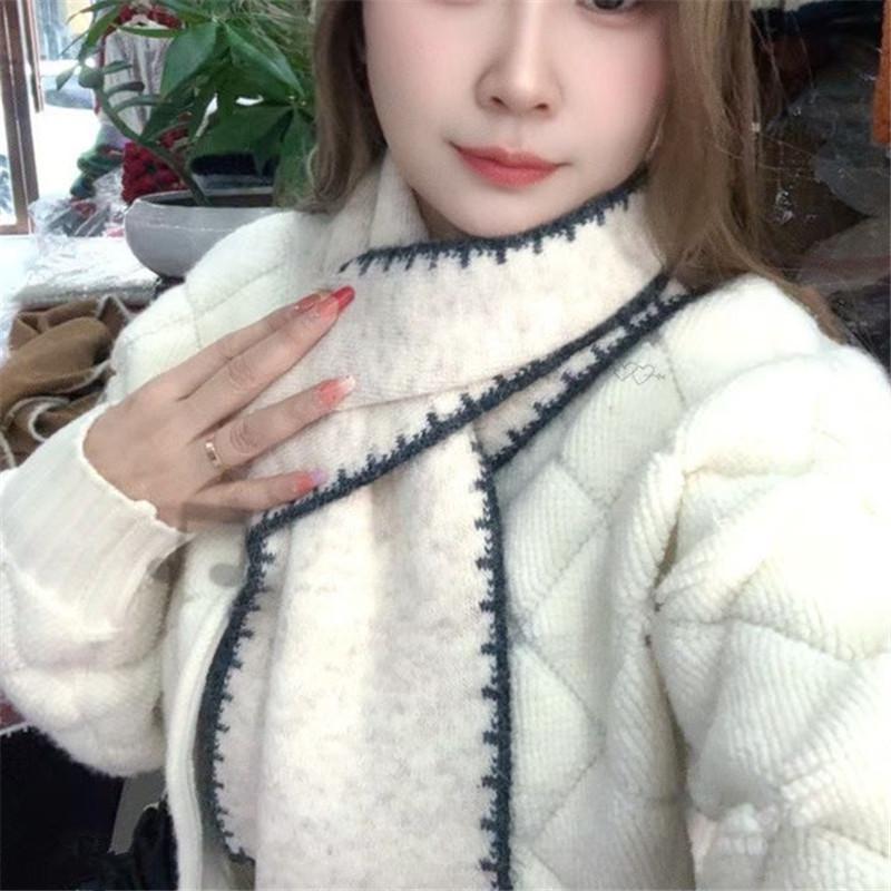 New Simple Solid Color Wool Blended Dog Tooth Edge Knitted Scarf for Women Warm and Windproof Versatile Student White Collar Scarf