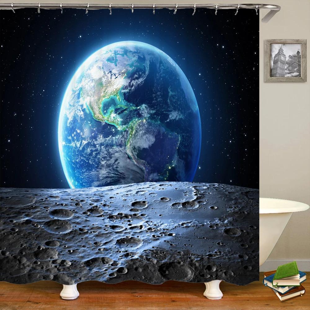 Night Moon Starry Sky Universe Fabric Shower Curtain Bathroom Curtains Moon Earth Waterproof Polyester Bath Screen with 12 Hooks