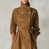 Herbst und Winter langer Trenchcoat Damen Stehkragen Zweireihig Taillengürtel Großer Saum Überknie Jacke
