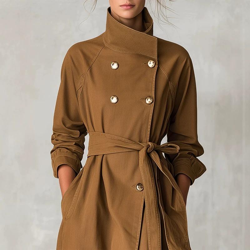 Herbst und Winter langer Trenchcoat Damen Stehkragen Zweireihig Taillengürtel Großer Saum Überknie Jacke