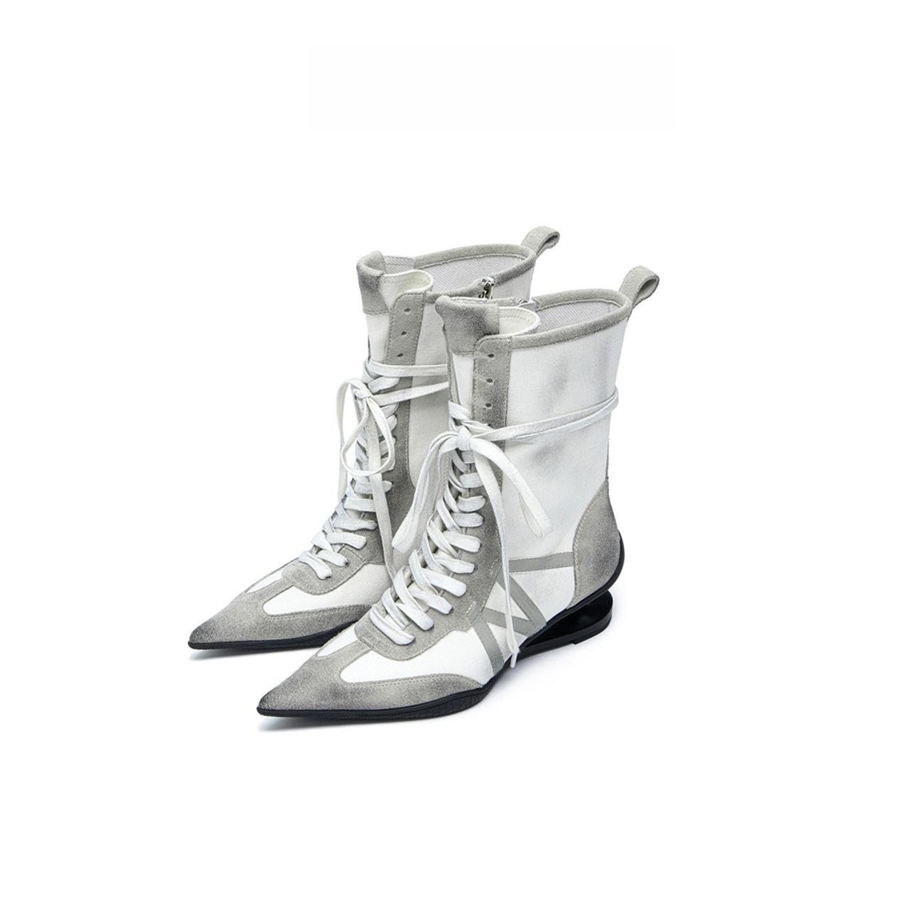 

Модные спортивные ботильоны до середины икры с острым носком, в стиле пэчворк, на шпильке, на шнуровке, модные ботинки, дизайн в стиле колор-блок, для вечеринки, банкета, женские ботинки 35 белый