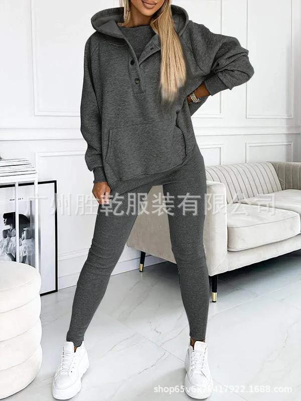 1116 European and American new women's clothing sports and leisure hooded pocket sweater threaded slim trousers set