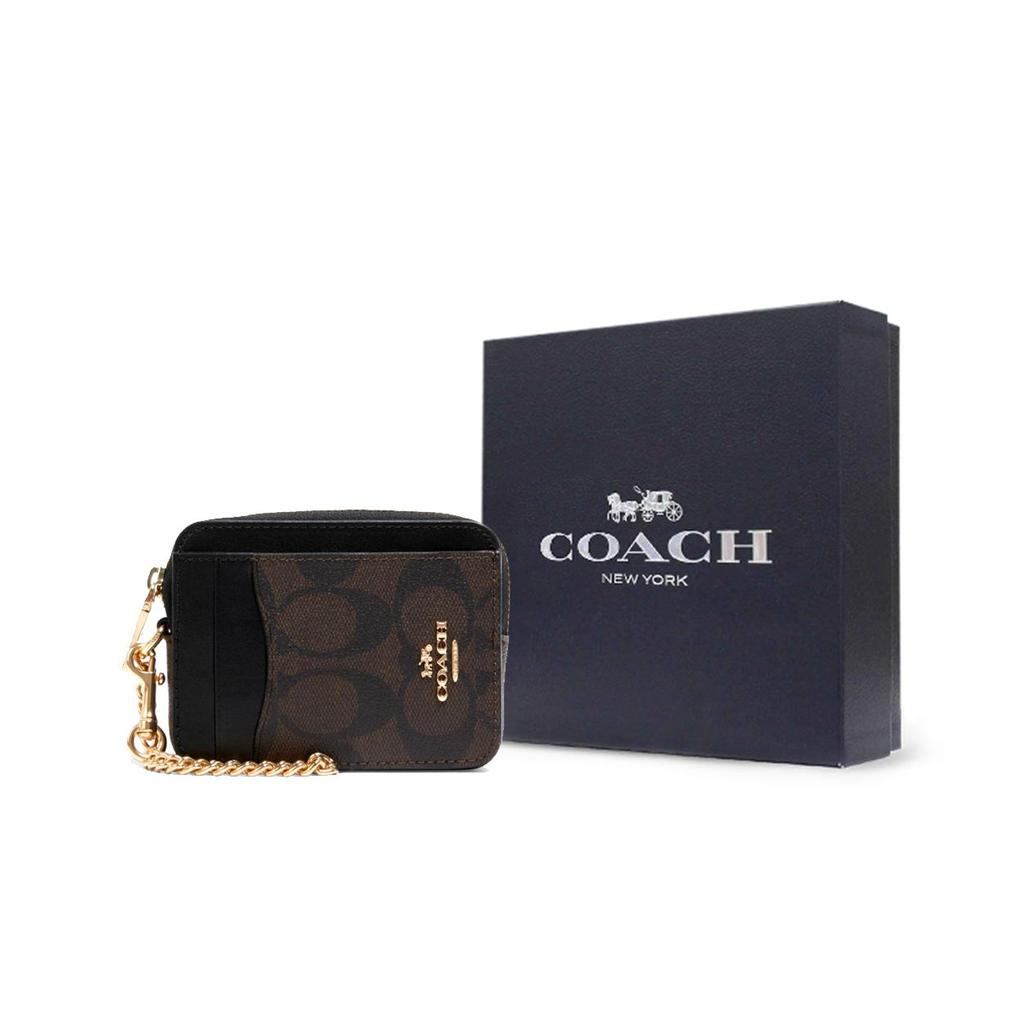 Coach Color Block Zipper Card Case With Metal Logo Canvas And Leather Women Card Case Black Brown C0058-IMAA8