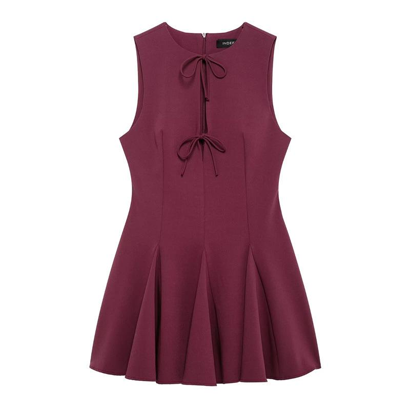 Women Sleeveless Bow Cutout Mini Dress Solid Color Slim Fit Flared Hem One Piece Dress Spring Fashion Party Dress