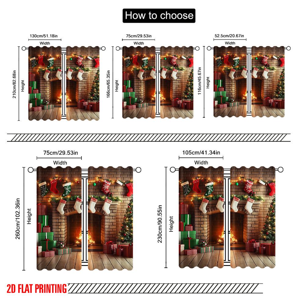 2pcs 2D Flat Printing Christmas Window Curtains Vintage Christmas Fireplace 100% Polyester Without Electricity Family Party for