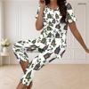 Women Plus Size White Haunted House Printed Round Neck Short Sleeve Top Capri Pants Two Piece Set