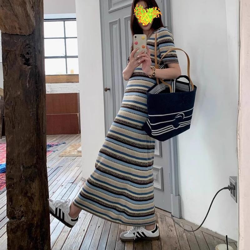 Summer 2026 Korean Chic Striped Knit Maternity Maxi Dress