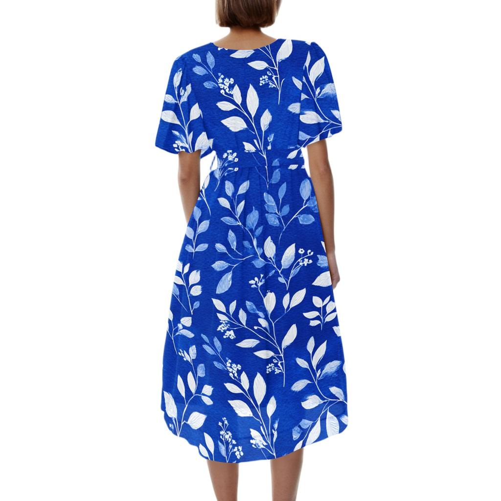 Women's Casual V Neck Short Sleeve Floral Print Dress Lightweight Summer Midi Dress with Elastic Waist and Flared Skirt for Daily Wear