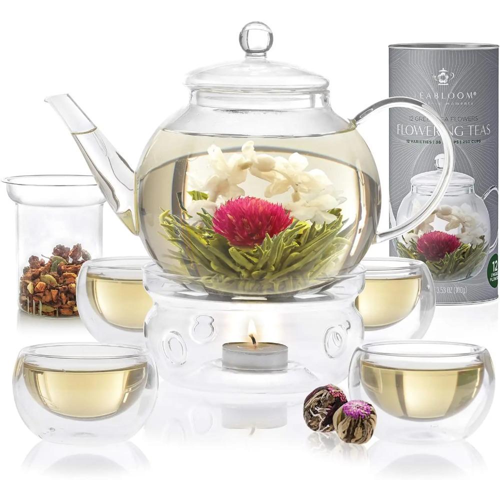 Complete Tea Set – Glass Teapot (40 Oz), Loose Tea Glass Infuser, 4 Insulated Glass Teacups, Tea Warmer, and 12 Flowering