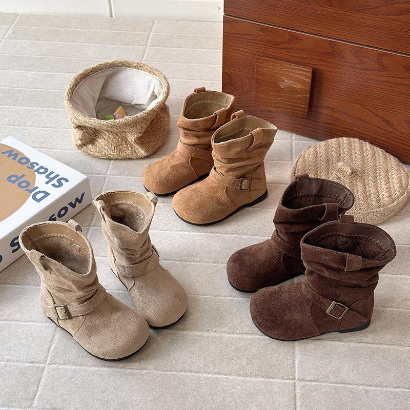 Kids Girls Retro French Style Suede Slouchy Mid Calf Slip On Boots