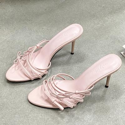 Fashion Elegant Narrow Band Bow Slippers Women Fashion Pointed Toe Thin Heel Slide Sandals Sexy Open Toe Dress Shoes Sandalias De Mujer