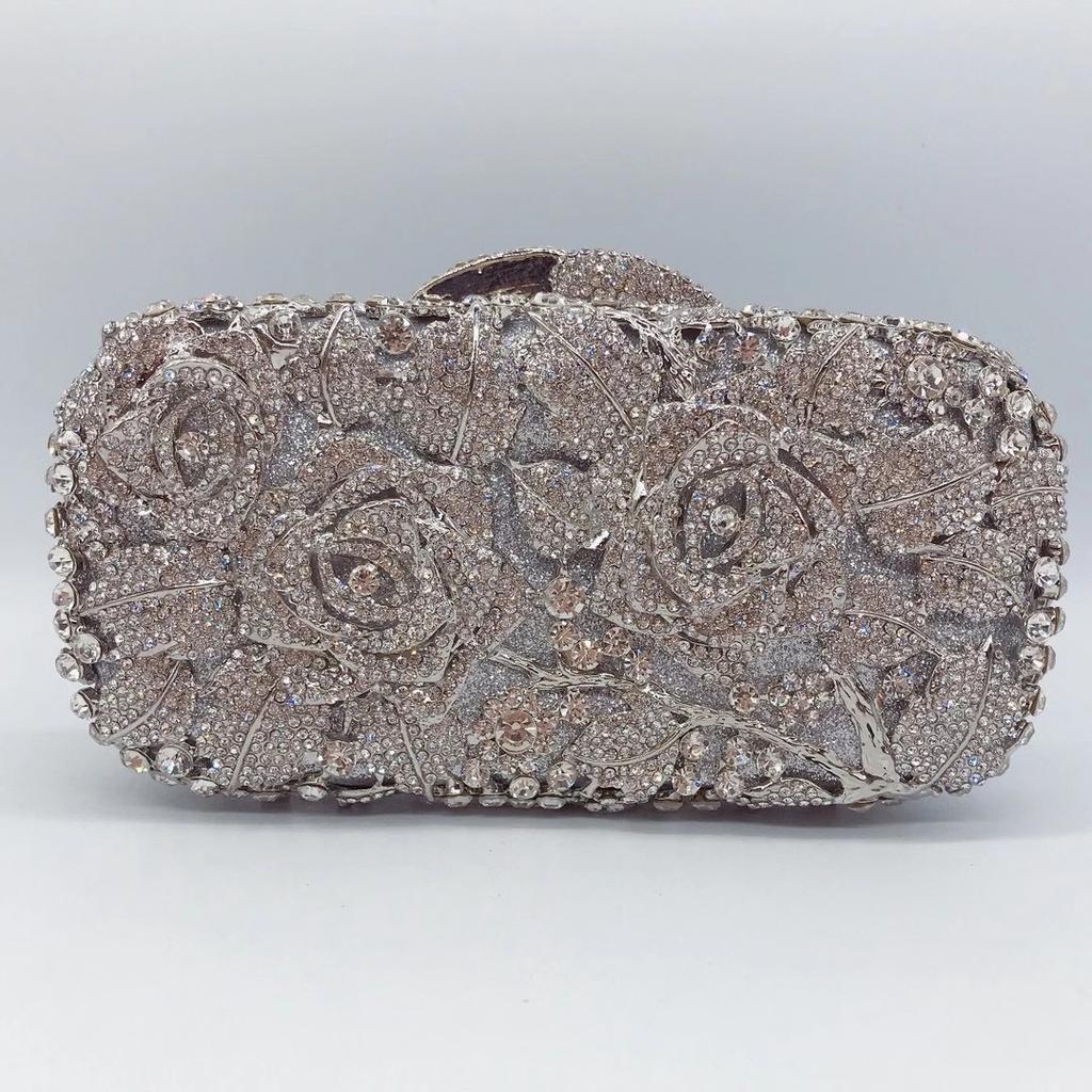 Pochette da Sera Floreale Strass Diamante Bianco Trasparente Oro Metallizzato Fiore Donna Festa Matrimonio Pochette Lady Cena Busta Formale