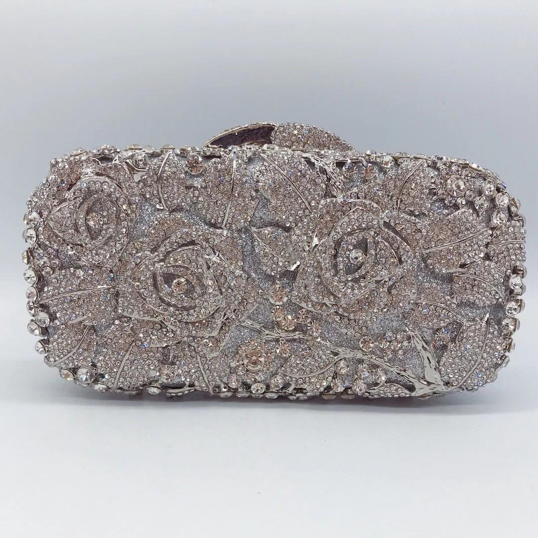 

Floral Evening Purse Rhinestone Diamond White Clear Gold Metallic Flower Women Party Wedding Clutches Lady Dinner Formal Clutch 17.5cmX8.5cmX5cm
