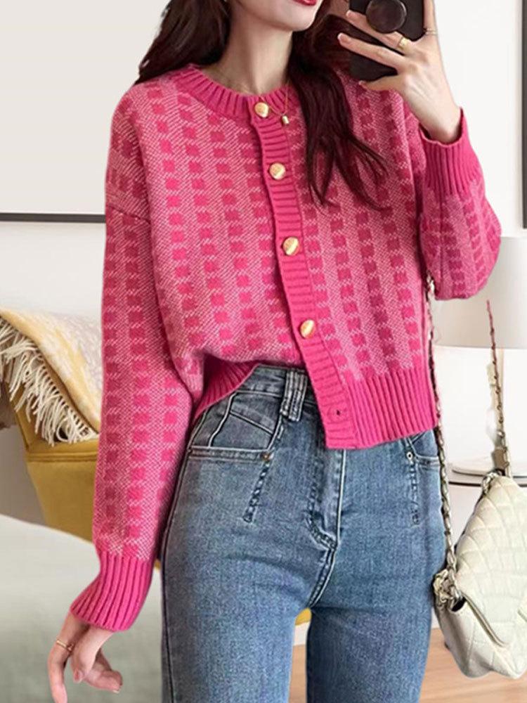 2024 Pink Plaid Knit Cardigan: Cute, Slimming, and Fashionable Spring/Autumn Sweater for Women