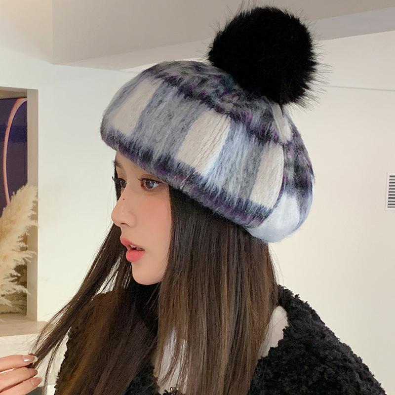 New Autumn and Winter Plush Beret Korean Cute Fur Ball Hat for Women Fashion Versatile Octagonal Hat Windproof and Warm Hat