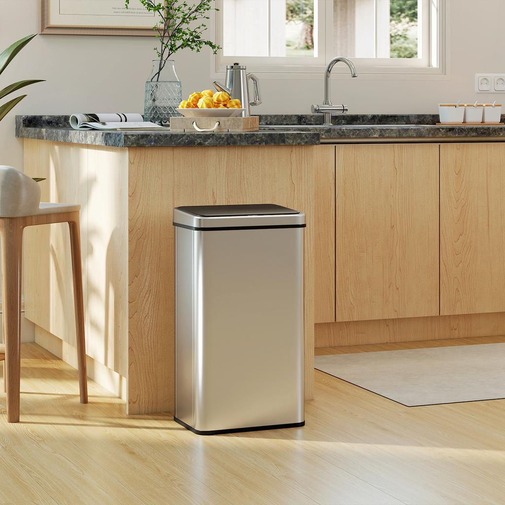 Sensor Trash Can 50L Stainless Steel Automatic Trash Can with Soft-Close Lid Motion Sensor 35.5 X 26 X 67 Cm Silver