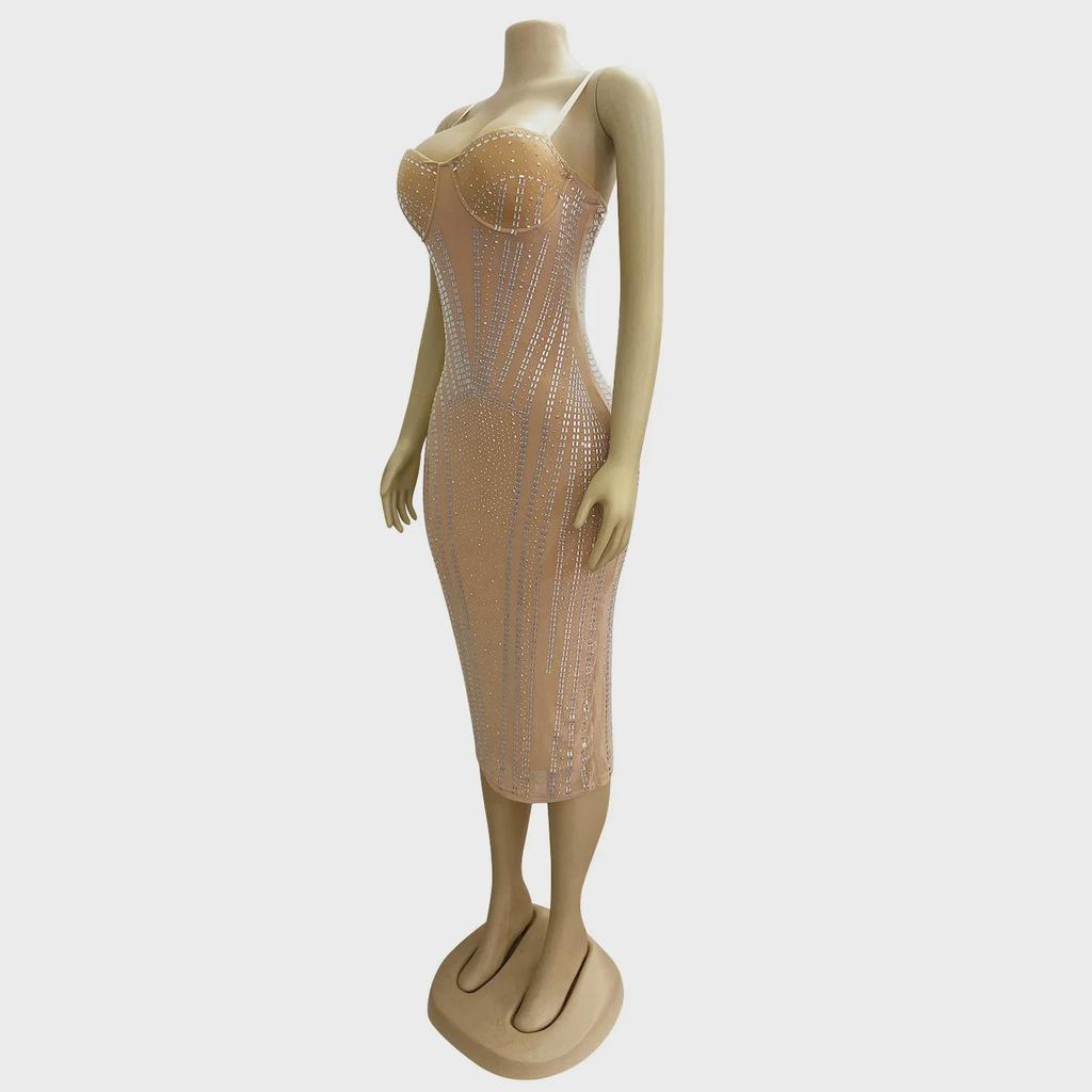 Z2221 Women's Sexy Mesh Diamond Suspender Dress - Autumn/Winter Nightclub Wear