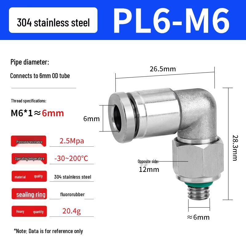 304 Stainless Steel Pneumatic Quick Push-in Connector, PC16-06/PC8-02 Swivel Elbow, PL6-M5/04