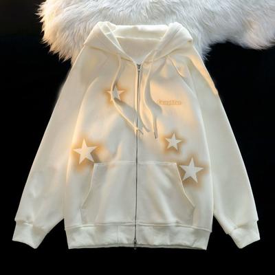 Nieuwe Retro Graffiti Sterrenprint Capuchon Rits Jas Collectie Lente En Herfst Casual Mode Trends Veelzijdig Luie Stijl