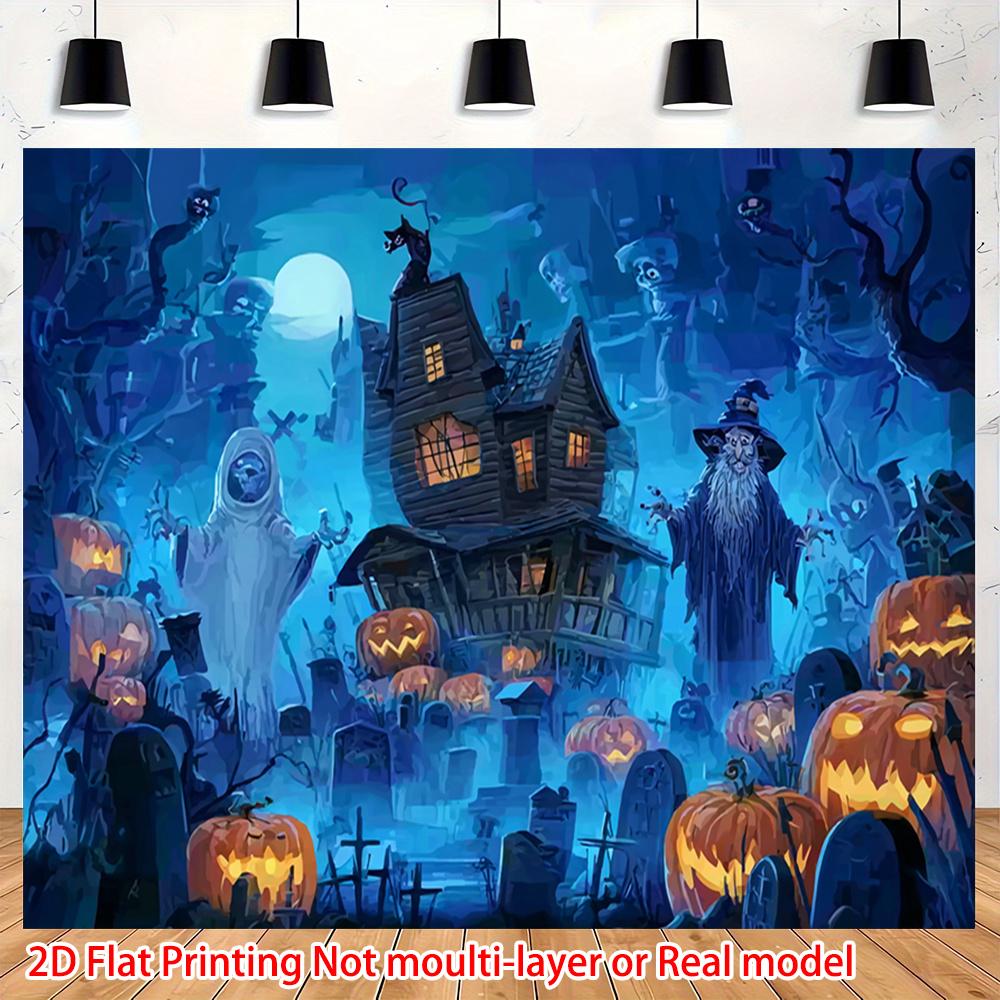 2D Flat Design, 1 Piece Per Pack. Horror Ghost House & Zombie Pumpkin Banner - Gothic-style Halloween Wall Decoration