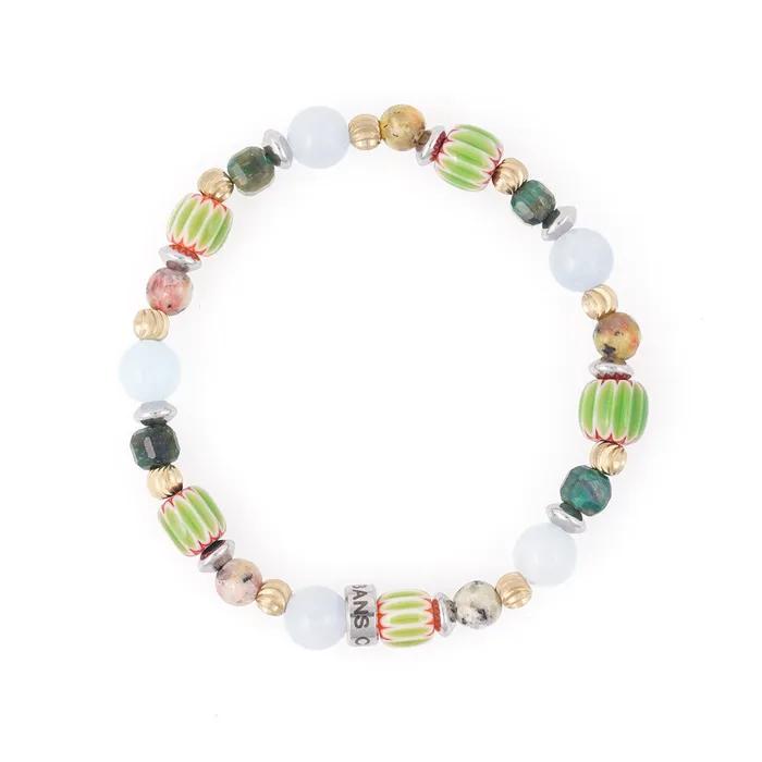 Gold Brass Point Aqua Ethnic Glass Mix Gemstone Bracelet (C2501AC1244_GN)