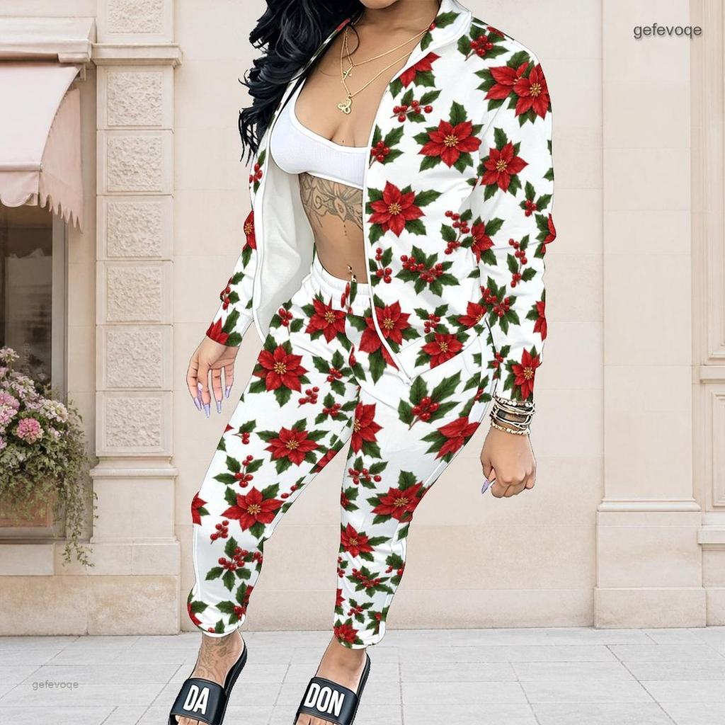 Women Plus Size Stand Collar Long Sleeve Zip Jacket And Pants White Teddy Bear Printed Two Piece Set