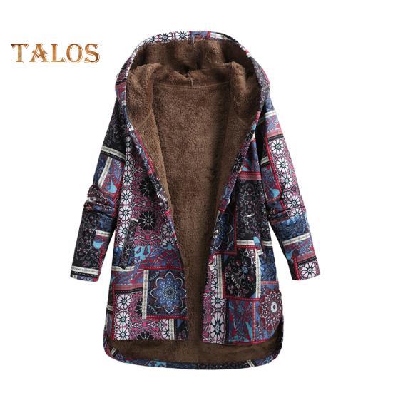 

Женская флисовая куртка осень-зима с этническим принтом, куртка с капюшоном, теплая верхняя одежда с длинным рукавом, пальто с пуговицами спереди для повседневной носки и активного отдыха на свежем воздухе M фиолетовый
