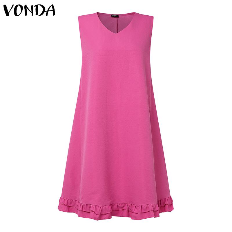 

VONDA Женское платье-майка А-силуэта с V-образным вырезом, без рукавов, однотонное, повседневное, с оборкой по подолу 5XL темно-розовый