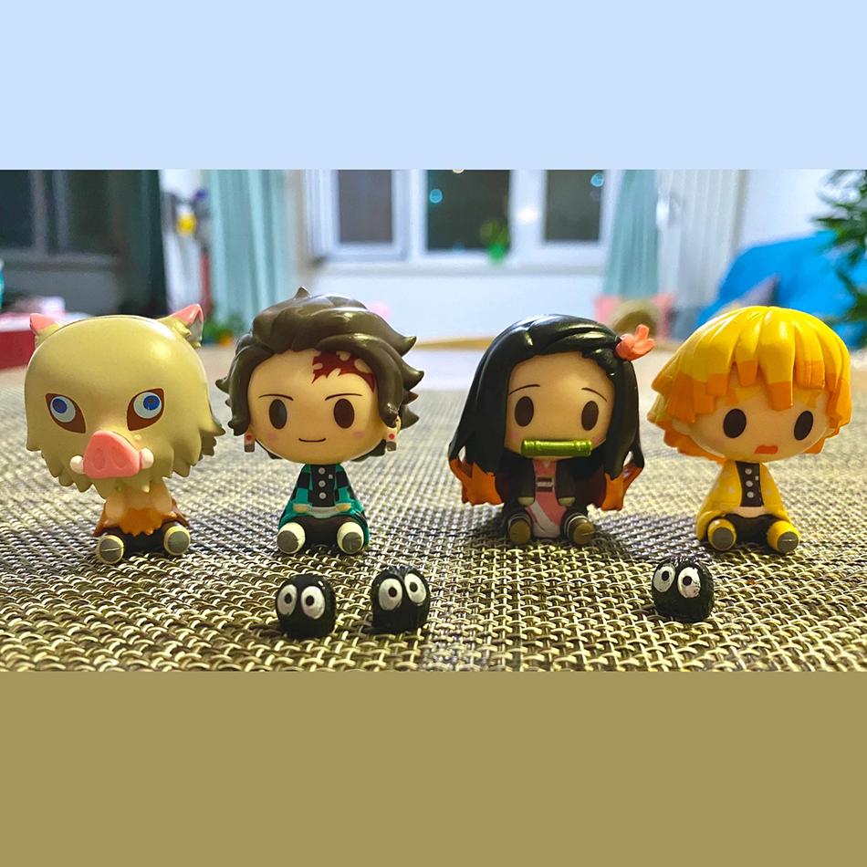 4Pcs/Set Q Version Demon Slayer Sitting Ghost Doll 5cm Tanjiro Nidouzi Inosuke Zenizu Figure Action Figure Movie Model Toys