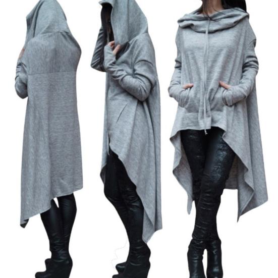 Women Solid Color Asymmetric Hem Drawstring Hooded Sweatshirt Loose Poncho Coat