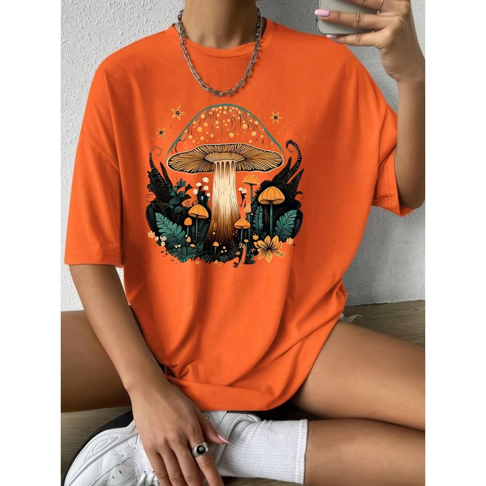 Whimsical Mushroom Forest Women's Tee - Enchanted Graphic, Casual Black Top